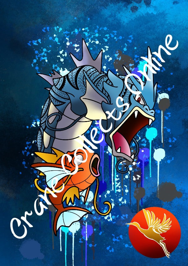 Gyarados and Magikarp tattoo print Pokémon fan art A3